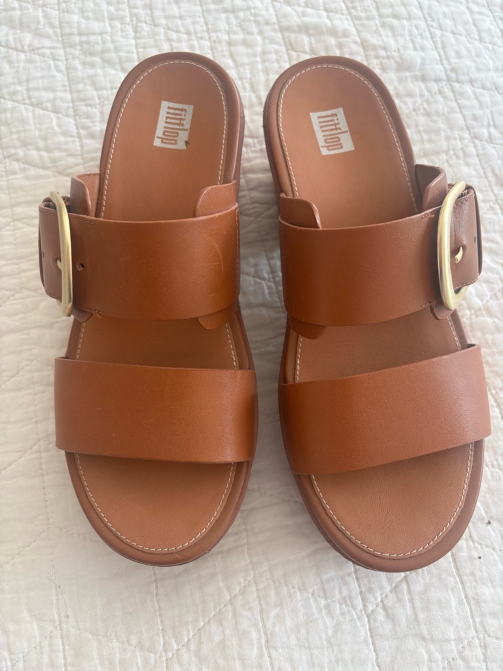 Fitflop Pilar Tan Double Strap Slide Sandals with Gold Buckle